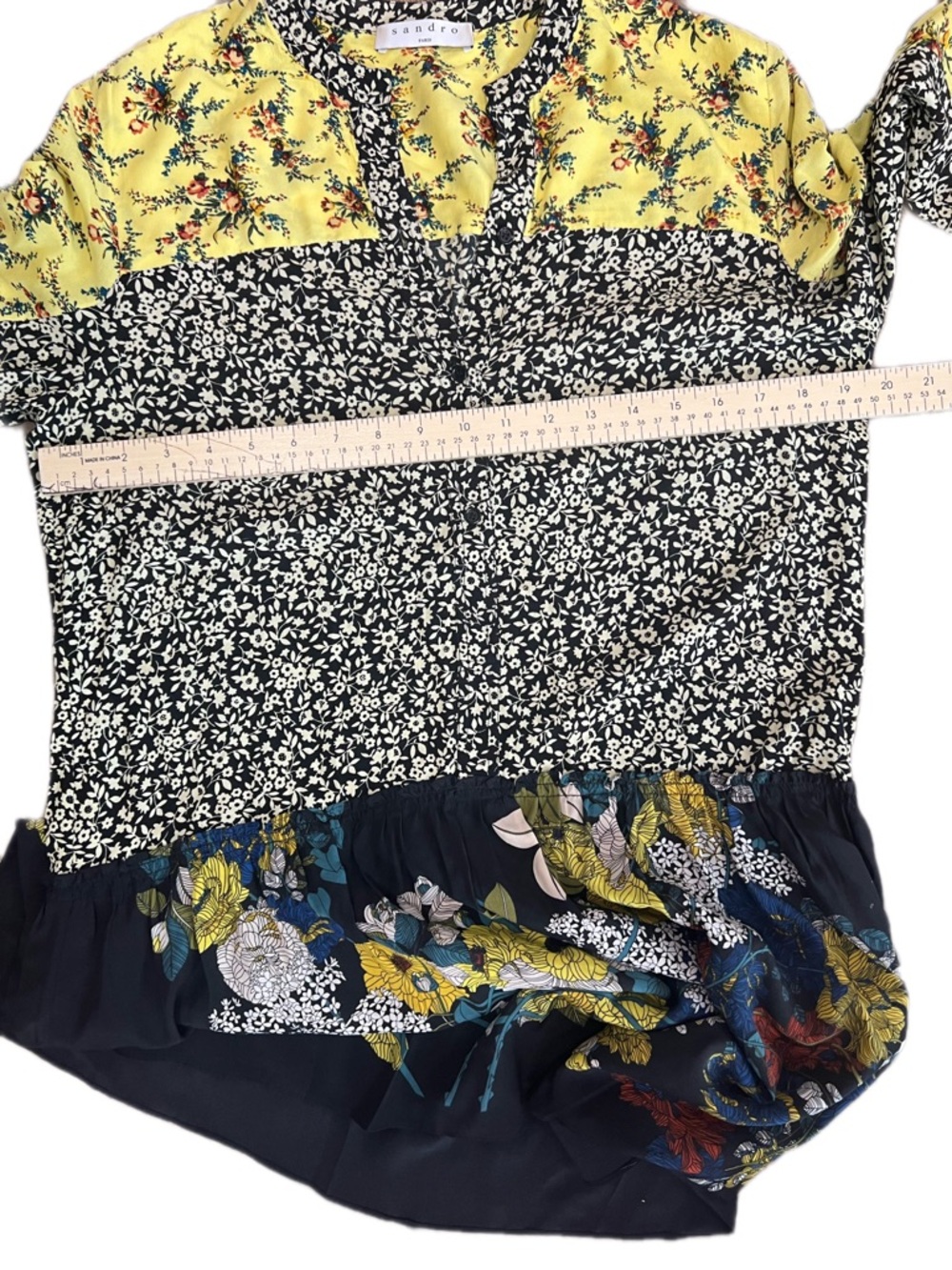 Sandro Floral Patchwork Mini Dress Yellow Black Long Sleeve Boho Size 2 - Picture 5 of 13
